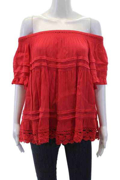 Muche Et Muchette Womens Embroidered Hem Flare Off Shoulder Blouse Red O/S