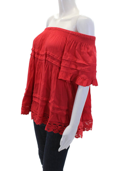 Muche Et Muchette Womens Embroidered Hem Flare Off Shoulder Blouse Red O/S
