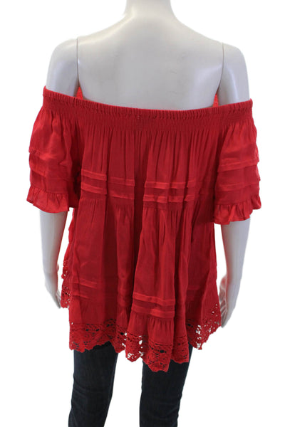 Muche Et Muchette Womens Embroidered Hem Flare Off Shoulder Blouse Red O/S