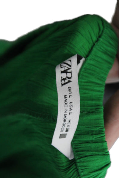 Zara Womens Textured Elastic Waistband Wide Leg Casual Pants Green Size L