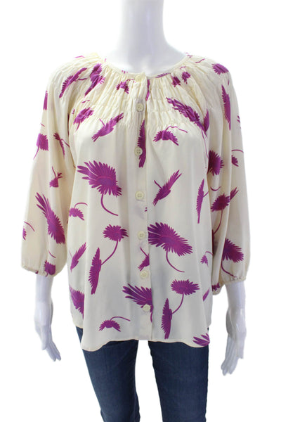 Tucker Womens Silk Floral Crew Neck 3/4 Sleeve Blouse Top Cream Size P