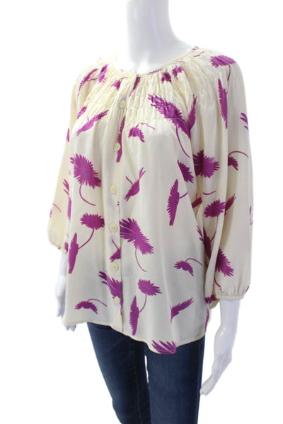 Tucker Womens Silk Floral Crew Neck 3/4 Sleeve Blouse Top Cream Size P