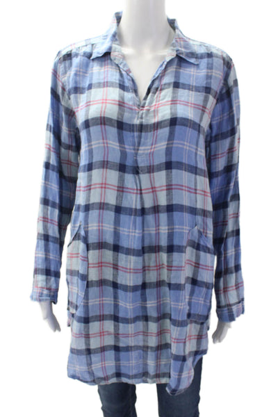 CP Shades Womens Linen Plaid Collar Long Sleeve Blouse Top Blue Size XS