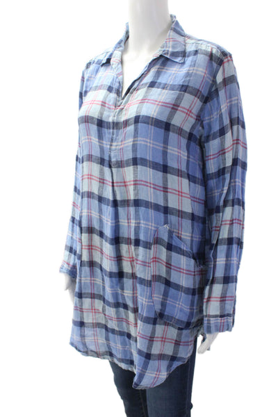 CP Shades Womens Linen Plaid Collar Long Sleeve Blouse Top Blue Size XS