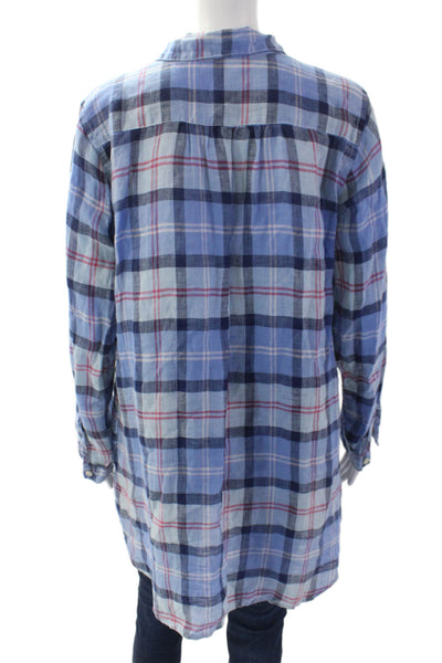 CP Shades Womens Linen Plaid Collar Long Sleeve Blouse Top Blue Size XS