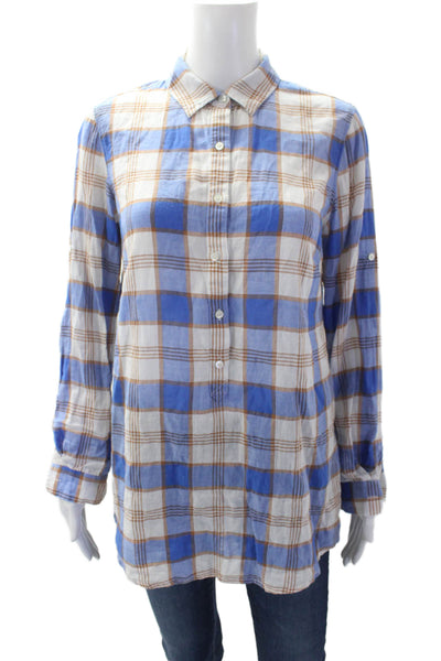 J. Mclaughlin Womens Cotton Plaid Henley Long Sleeve Blouse Top Blue Size XS