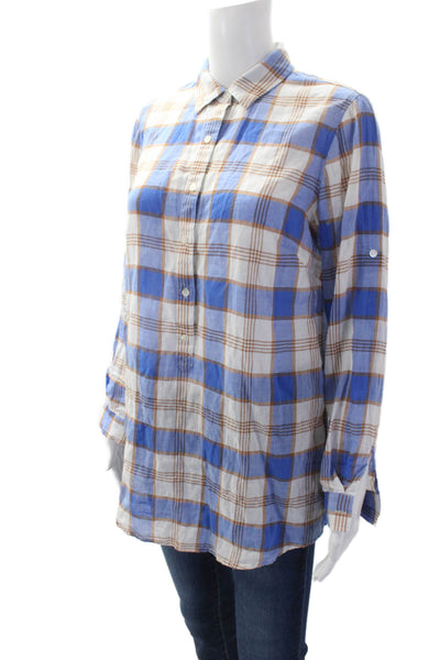 J. Mclaughlin Womens Cotton Plaid Henley Long Sleeve Blouse Top Blue Size XS