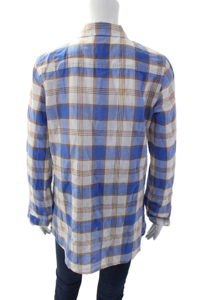 J. Mclaughlin Womens Cotton Plaid Henley Long Sleeve Blouse Top Blue Size XS