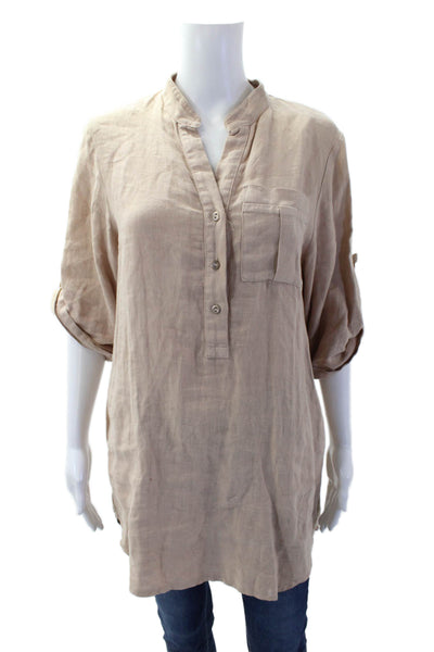 Krisa Womens Linen Henley Print Pockets 3/4 Sleeve Tunic Top Brown Size S