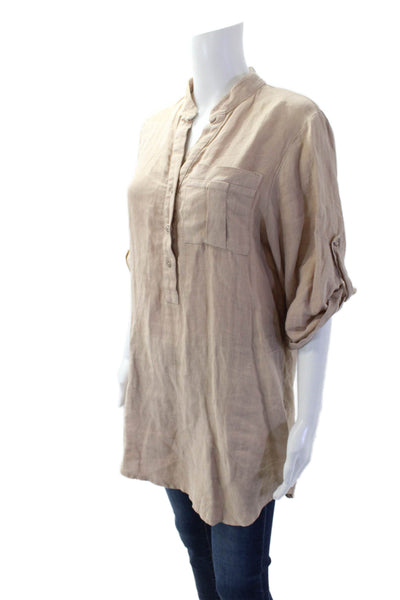 Krisa Womens Linen Henley Print Pockets 3/4 Sleeve Tunic Top Brown Size S