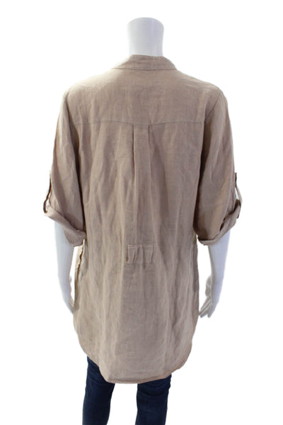 Krisa Womens Linen Henley Print Pockets 3/4 Sleeve Tunic Top Brown Size S