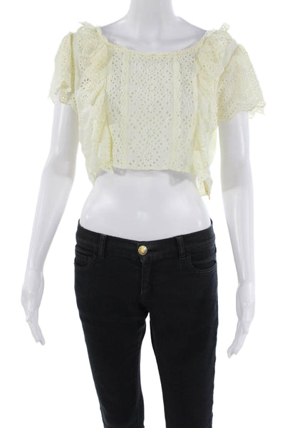 Love Shack Fancy Womens Short Sleeve Ruffled Eyelet Crop Top White Size Medium