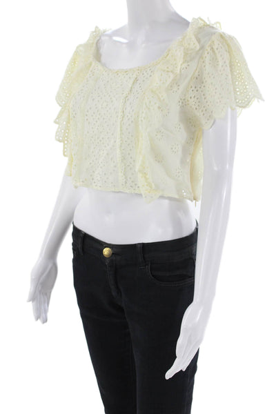 Love Shack Fancy Womens Short Sleeve Ruffled Eyelet Crop Top White Size Medium