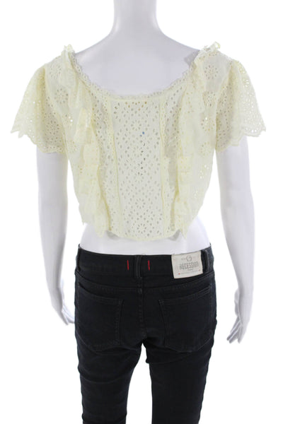 Love Shack Fancy Womens Short Sleeve Ruffled Eyelet Crop Top White Size Medium