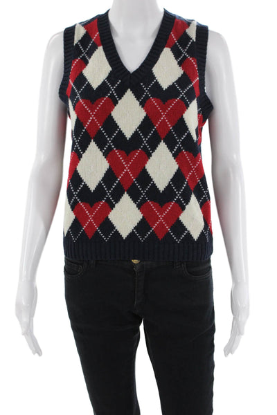 Brandy Melville Womens V Neck Heart Argyle Sweater Vest Navy Red White Small