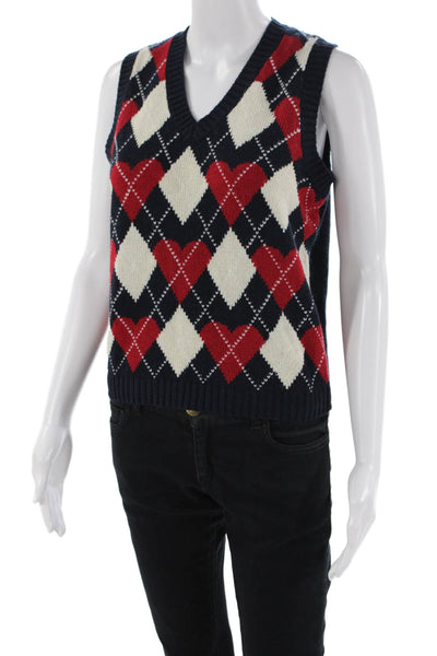 Brandy Melville Womens V Neck Heart Argyle Sweater Vest Navy Red White Small