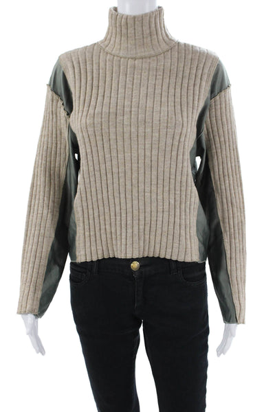 Zara Womens Long Sleeve Mock Neck Satin Trim Ribbed Sweater Brown Gray Medium