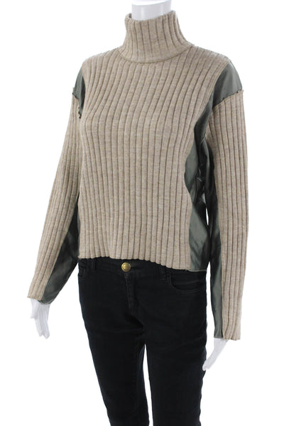 Zara Womens Long Sleeve Mock Neck Satin Trim Ribbed Sweater Brown Gray Medium