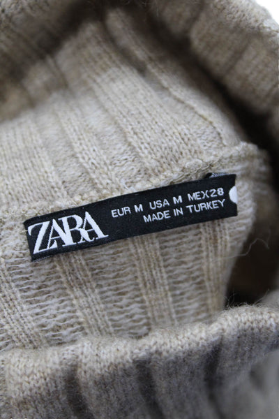 Zara Womens Long Sleeve Mock Neck Satin Trim Ribbed Sweater Brown Gray Medium