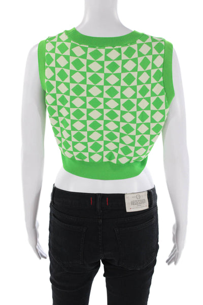 Zara Womens Check Knit Tank Top Cardigan Sweater Set Green White Size Medium