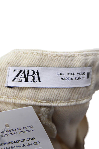Zara Womens Zipper Fly High Rise Straight Leg Twill Pants Beige Cotton Large