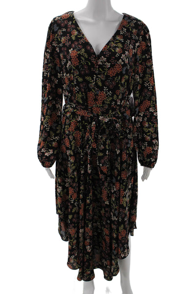Vince Camuto Womens Floral V Neck Long Sleeve Tie Waist Maxi Dress Black Size L