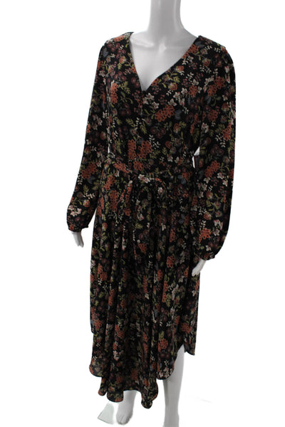 Vince Camuto Womens Floral V Neck Long Sleeve Tie Waist Maxi Dress Black Size L