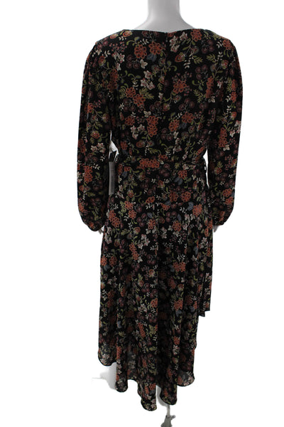 Vince Camuto Womens Floral V Neck Long Sleeve Tie Waist Maxi Dress Black Size L