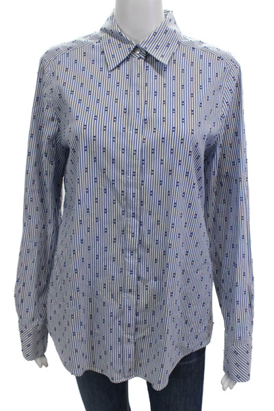 Etcetera Womens Cotton Collared Striped Button Down Blouse Blue Size 12