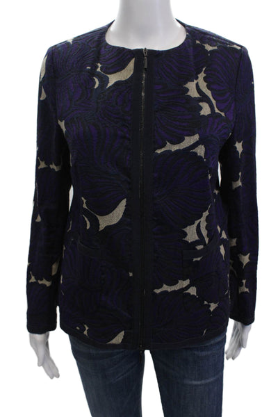 Piazza Sempione Womens Zippered Pocketed Floral Brocade Jacket Purple Size 46