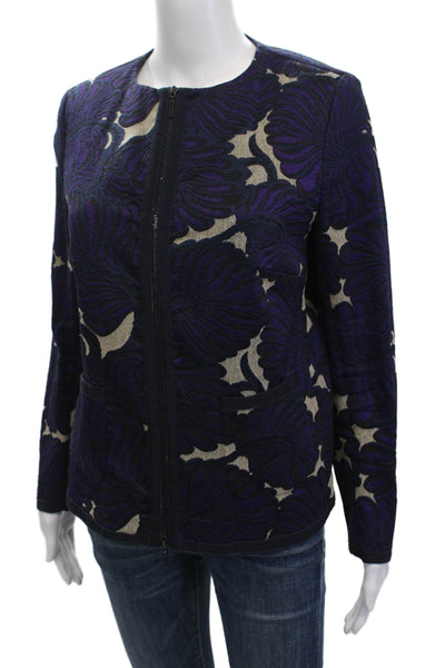 Piazza Sempione Womens Zippered Pocketed Floral Brocade Jacket Purple Size 46