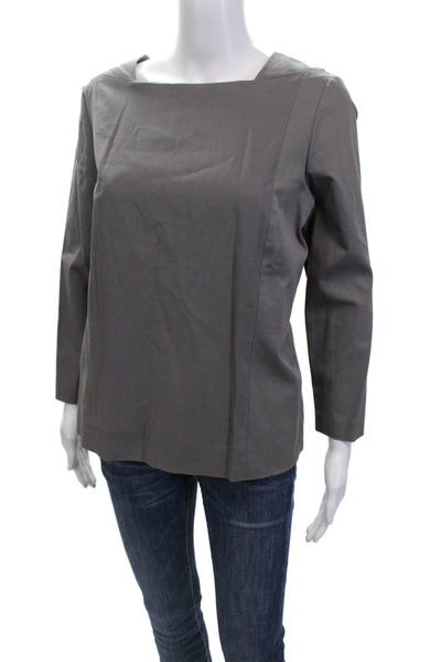 Jaeger Womens Cotton Square Neck Long Sleeve Zippered Top Gray Size 14