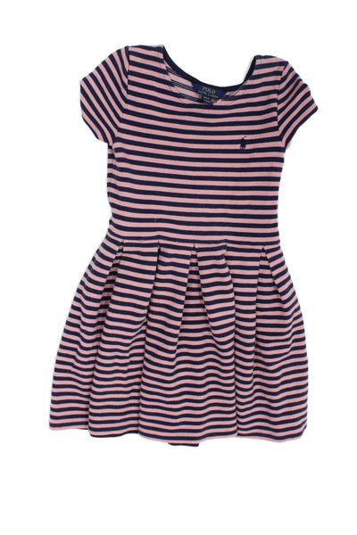 Polo Ralph Lauren Girls Striped Print Pleated Flare Dress Pink Blue Size 8-10
