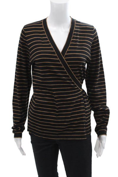 Max Studio Womens Striped Knit Long Sleeve Tie Front Cardigan Brown Size L