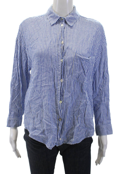 Zara Womens Striped Collar Long Sleeve Button Down Shirt Blue Size S
