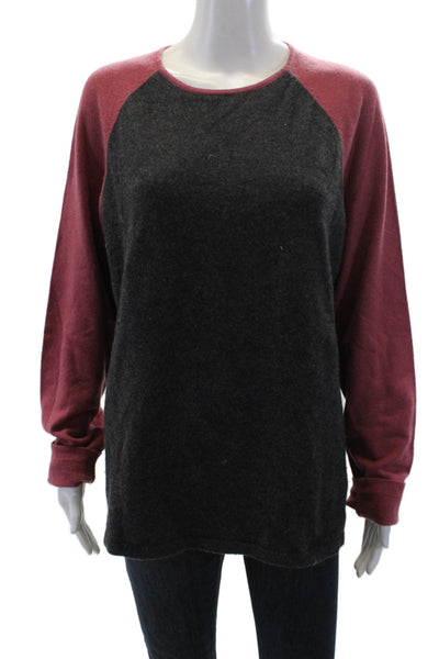 Qi Cashmere Womens Cashmere Color Block Long Sleeve Sweater Top Red Gray Size L