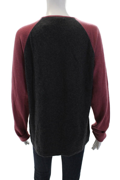 Qi Cashmere Womens Cashmere Color Block Long Sleeve Sweater Top Red Gray Size L