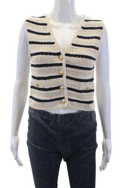 Zara Womens Button Front Open Knit Striped Sweater Vest White Black Size Small