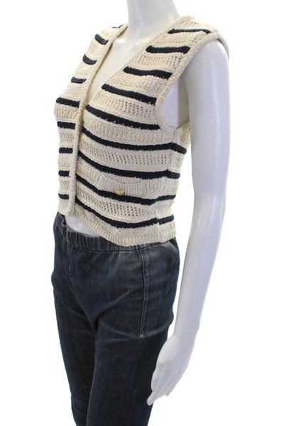 Zara Womens Button Front Open Knit Striped Sweater Vest White Black Size Small