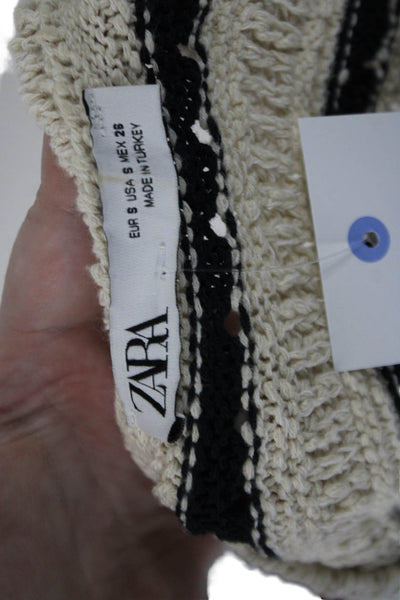 Zara Womens Button Front Open Knit Striped Sweater Vest White Black Size Small