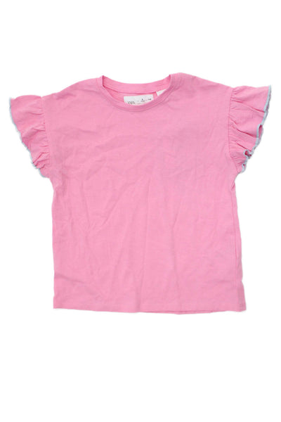 Zara Girls Short Ruffled Sleeve Crew Neck Tee Shirt Pink Cotton Size 6