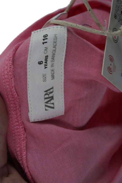 Zara Girls Short Ruffled Sleeve Crew Neck Tee Shirt Pink Cotton Size 6