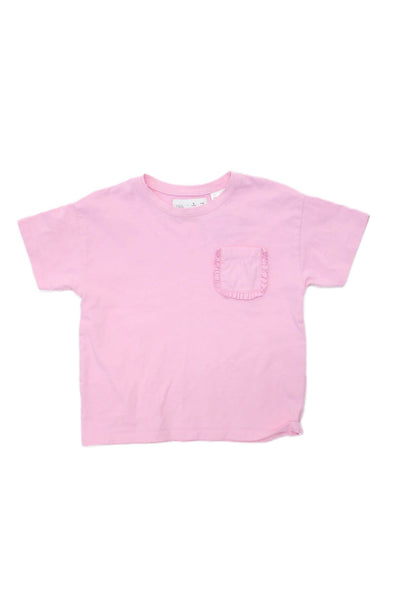 Zara Girls Short Sleeve Crew Neck Ruffled Pocket Shirt Pink Cotton Size 6