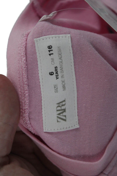 Zara Girls Short Sleeve Crew Neck Ruffled Pocket Shirt Pink Cotton Size 6