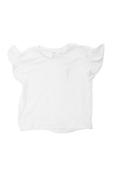 Zara Girls Ruffled Short Sleeve Crew Neck Tee Shirt White Cotton Size 5-6