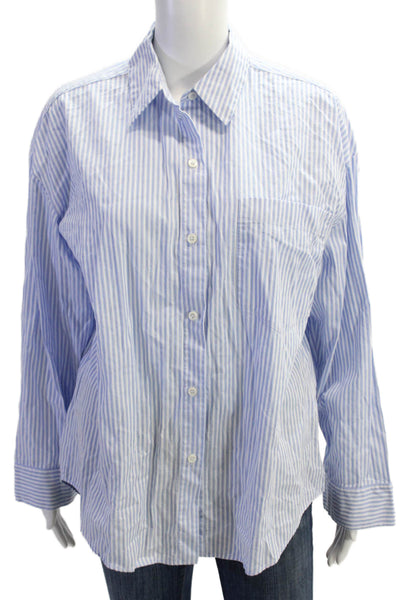 Zara Womens Cotton Striped Button Up Blouse Top Blue Size S