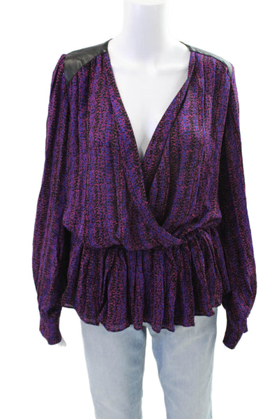 Parker Womens Silk Printed V-neck Long Sleeve Peplum Blouse Top Purple Size M