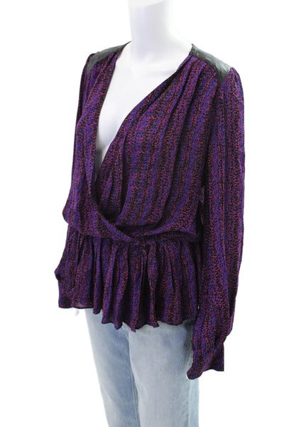 Parker Womens Silk Printed V-neck Long Sleeve Peplum Blouse Top Purple Size M