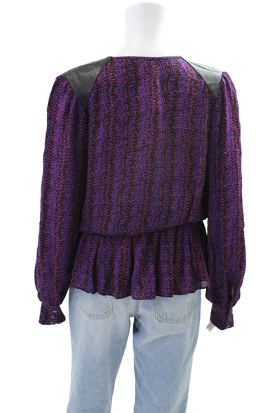 Parker Womens Silk Printed V-neck Long Sleeve Peplum Blouse Top Purple Size M