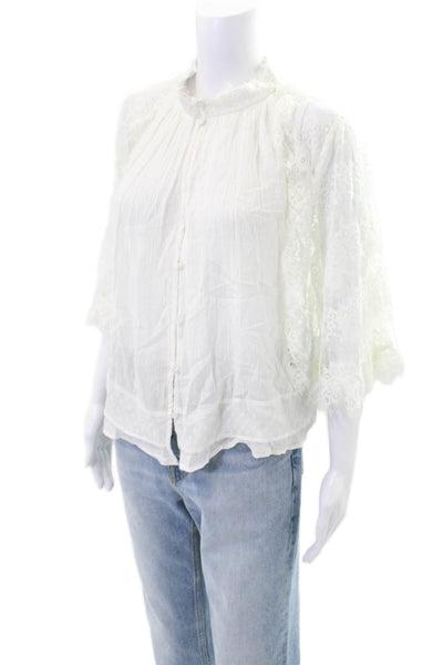 Cindigindi Womens Lace Long Sleeve Button Front Blouse Top White Size S